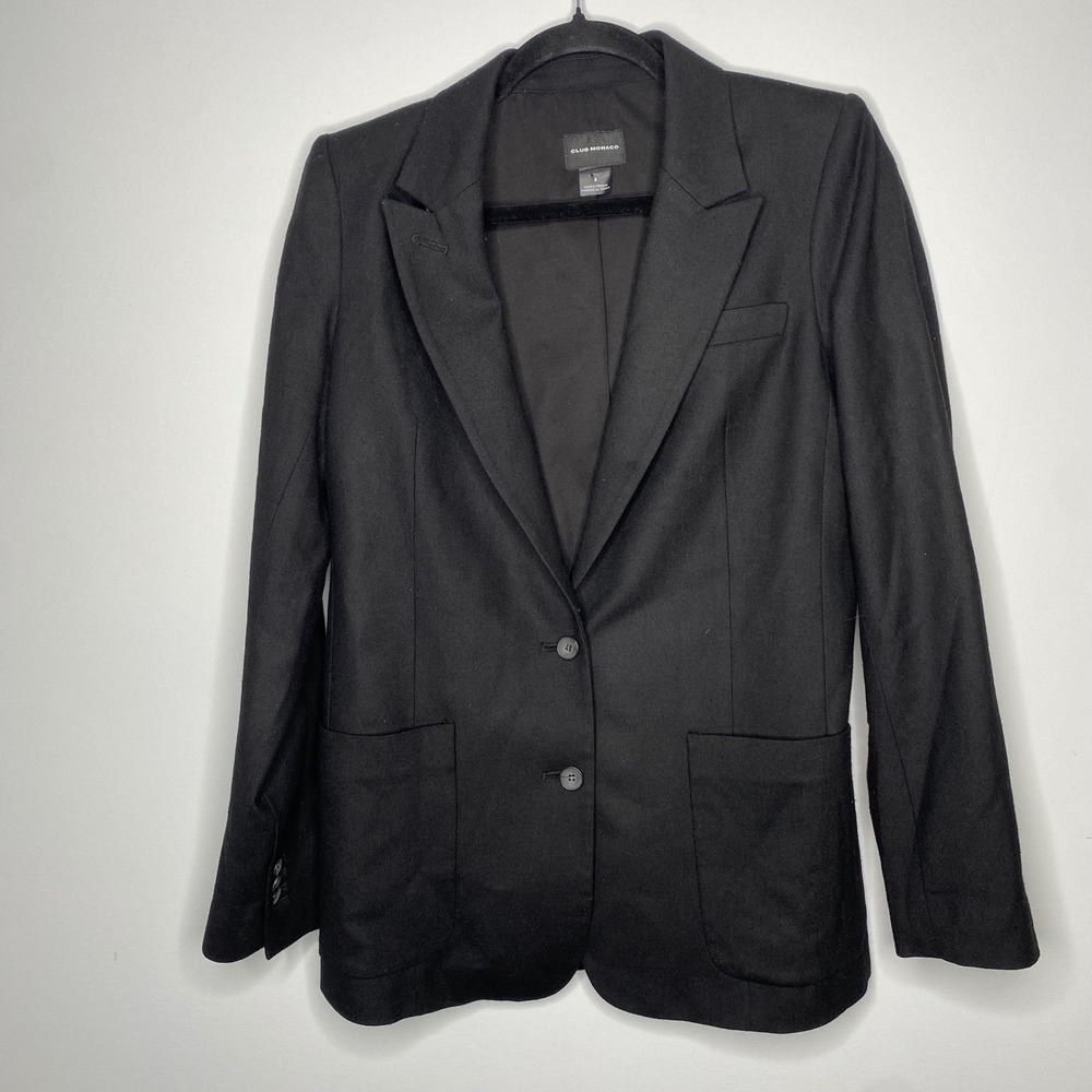 Club Monaco Black Wool Blazer‎ Jacket Women's Size 6 Two Button Office Career
